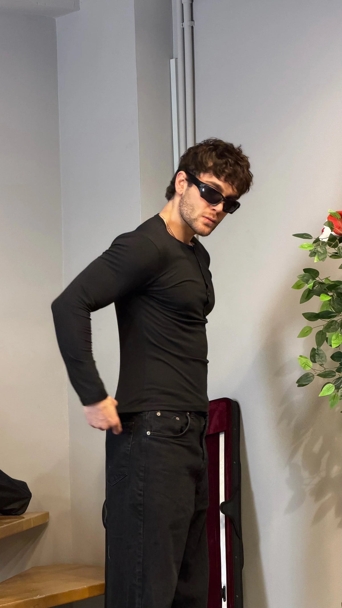 Slim Fit Premium Henley Yaka Tshirt Siyah