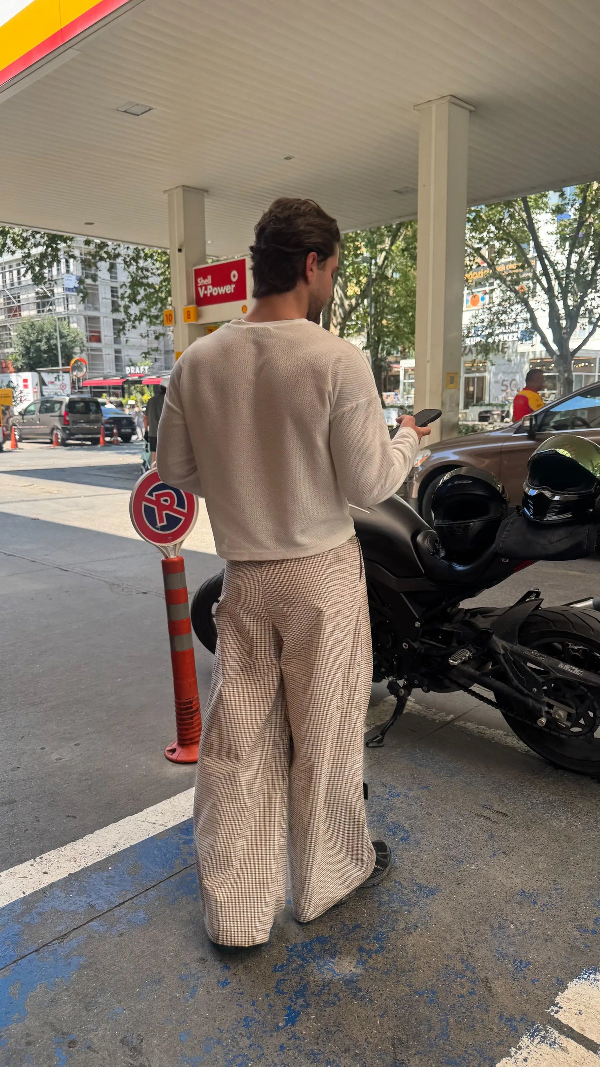Kare detaylı Baggy Kumaş Pantolon