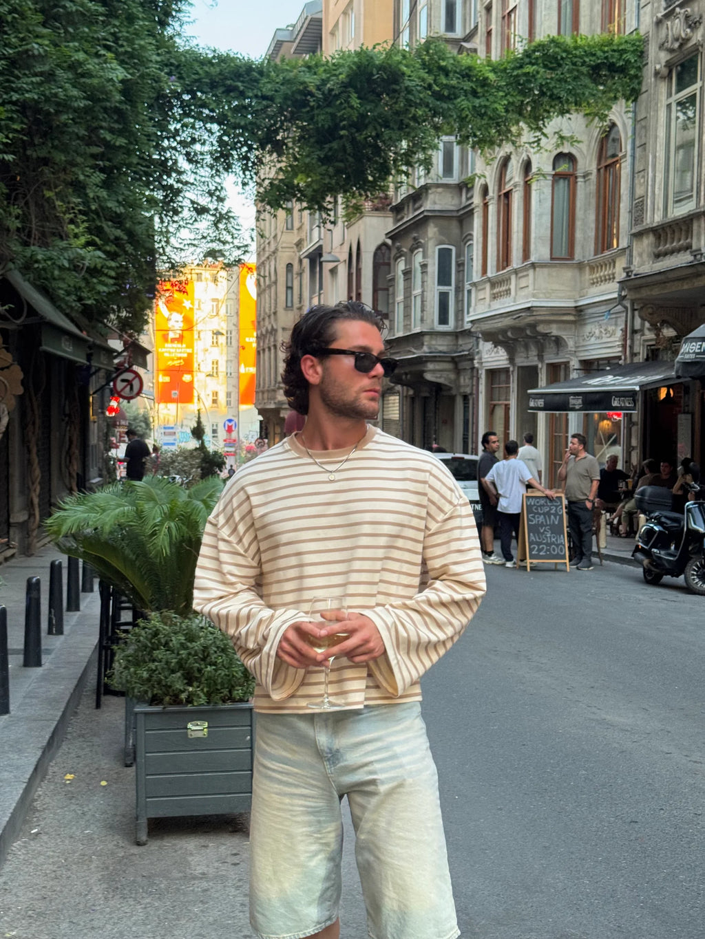 Çizgili Uzun Kollu Tshirt Boxy Fit Kahve