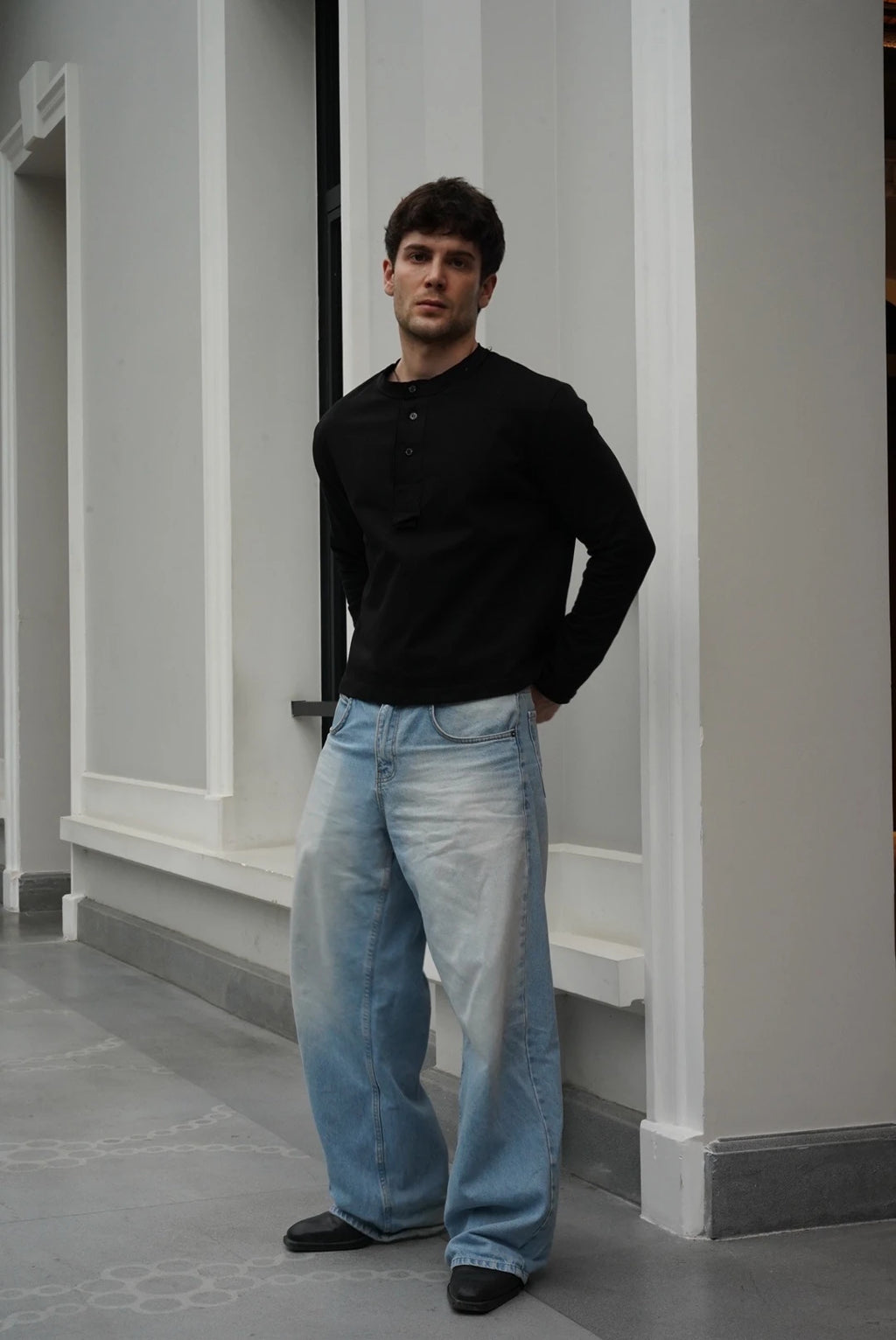 Premium Henley Yaka Tshirt Siyah