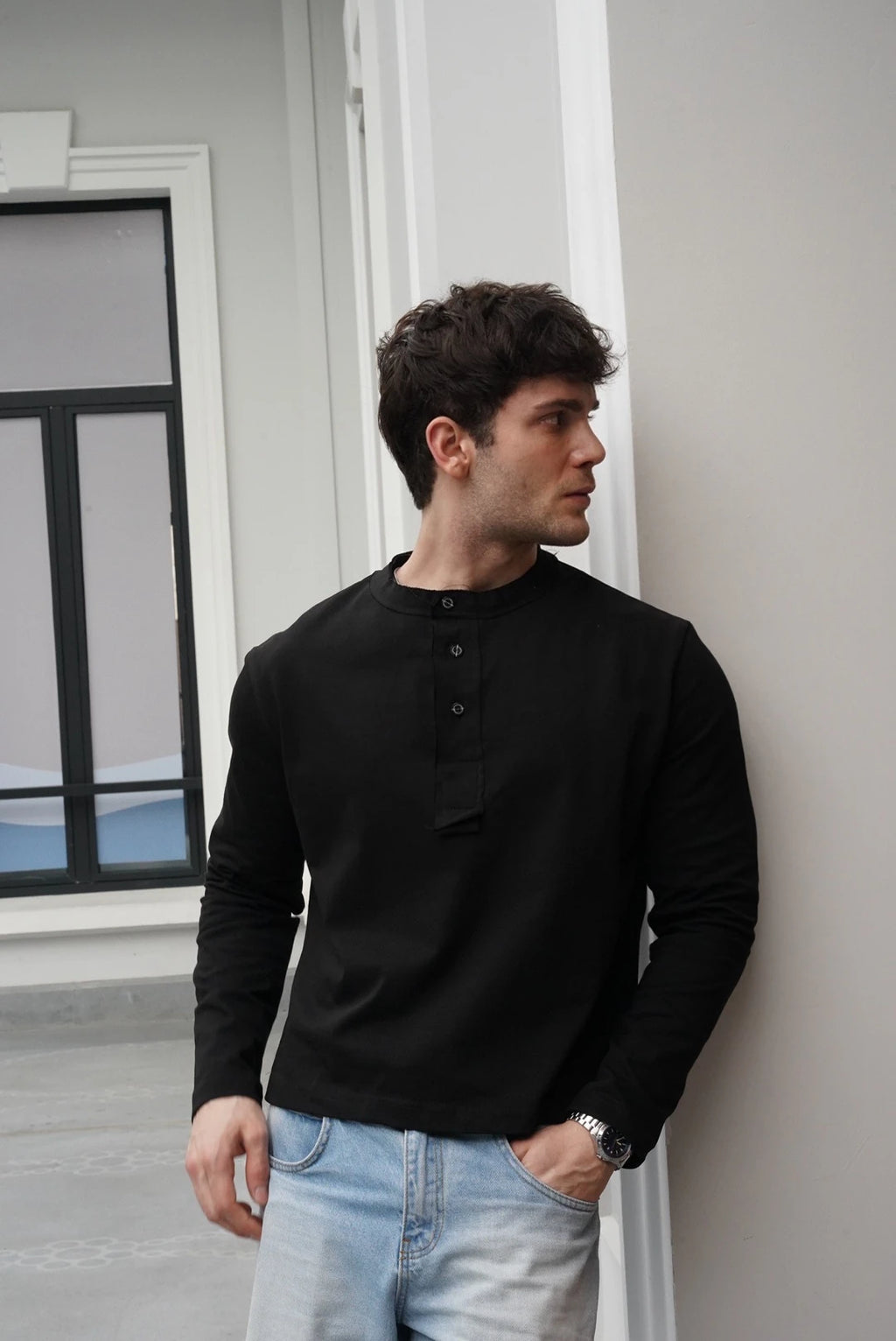 Premium Henley Yaka Tshirt Siyah