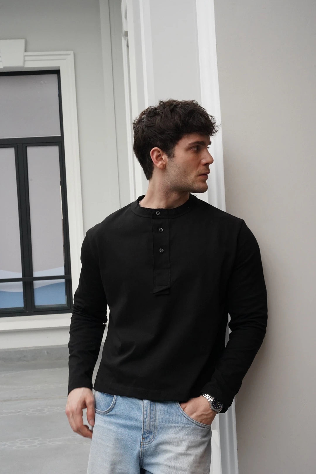 Premium Henley Yaka Tshirt Siyah