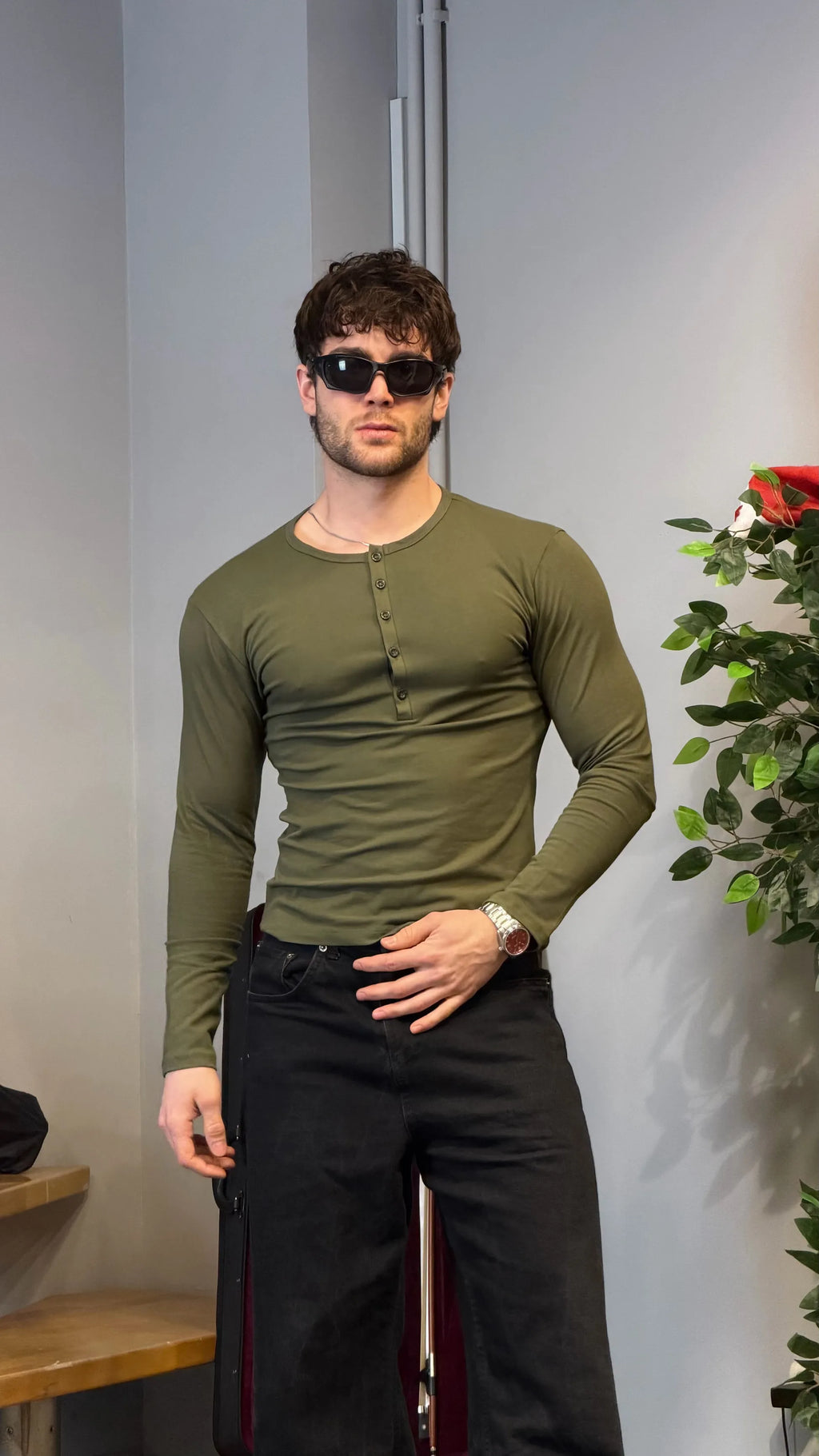 Slim Fit Premium Henley Yaka Tshirt Haki