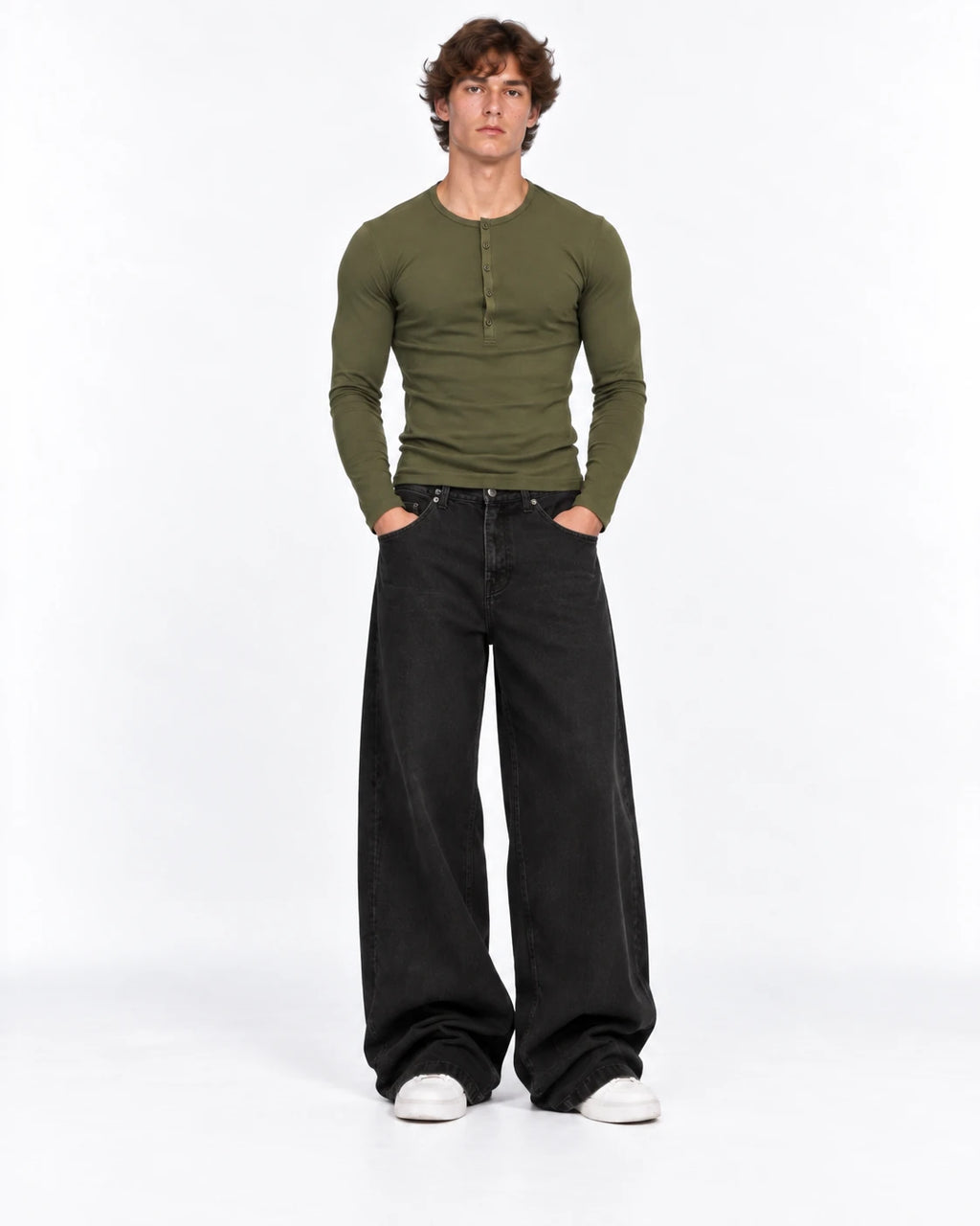 Slim Fit Premium Henley Yaka Tshirt Haki
