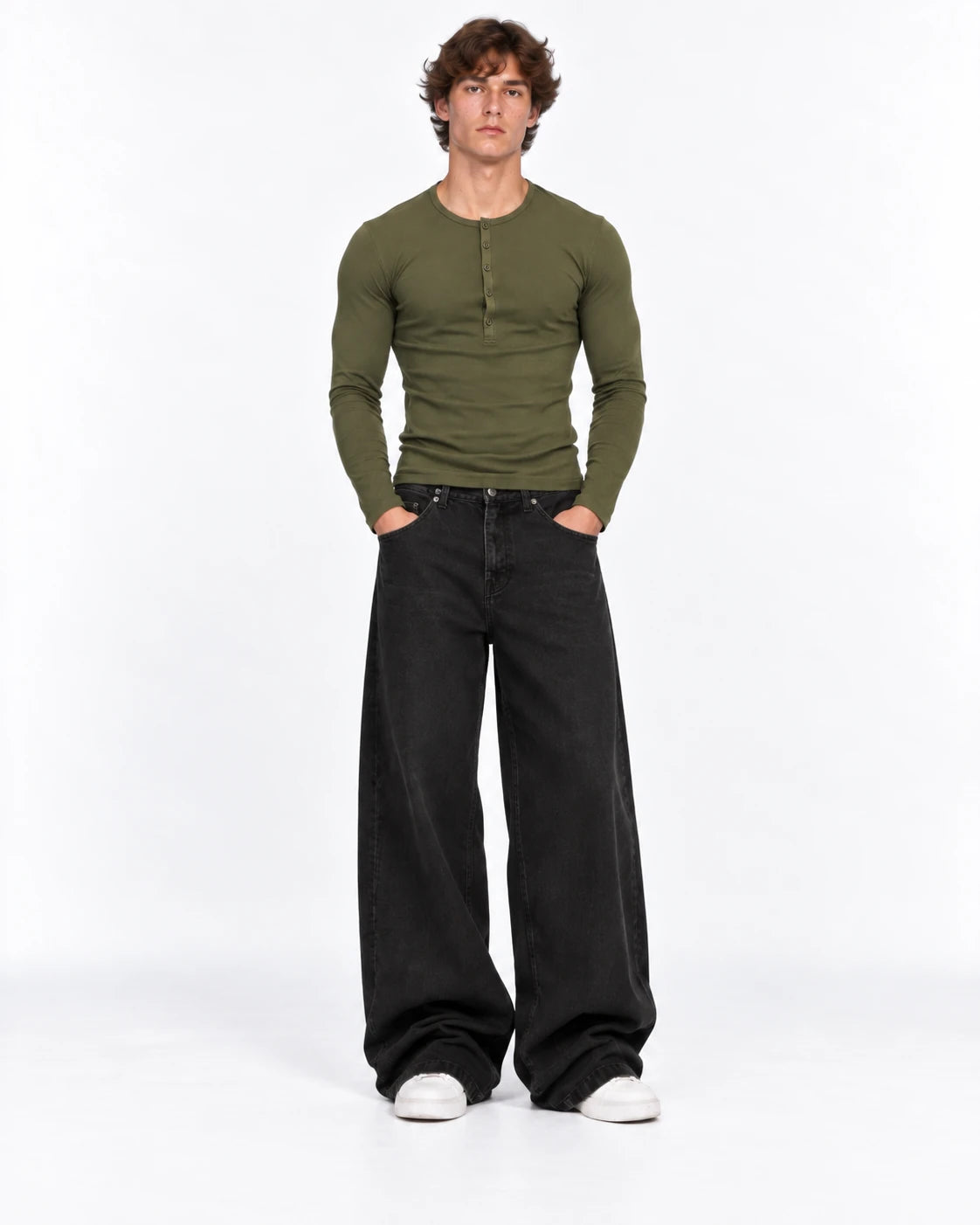 Slim Fit Premium Henley Yaka Tshirt Haki