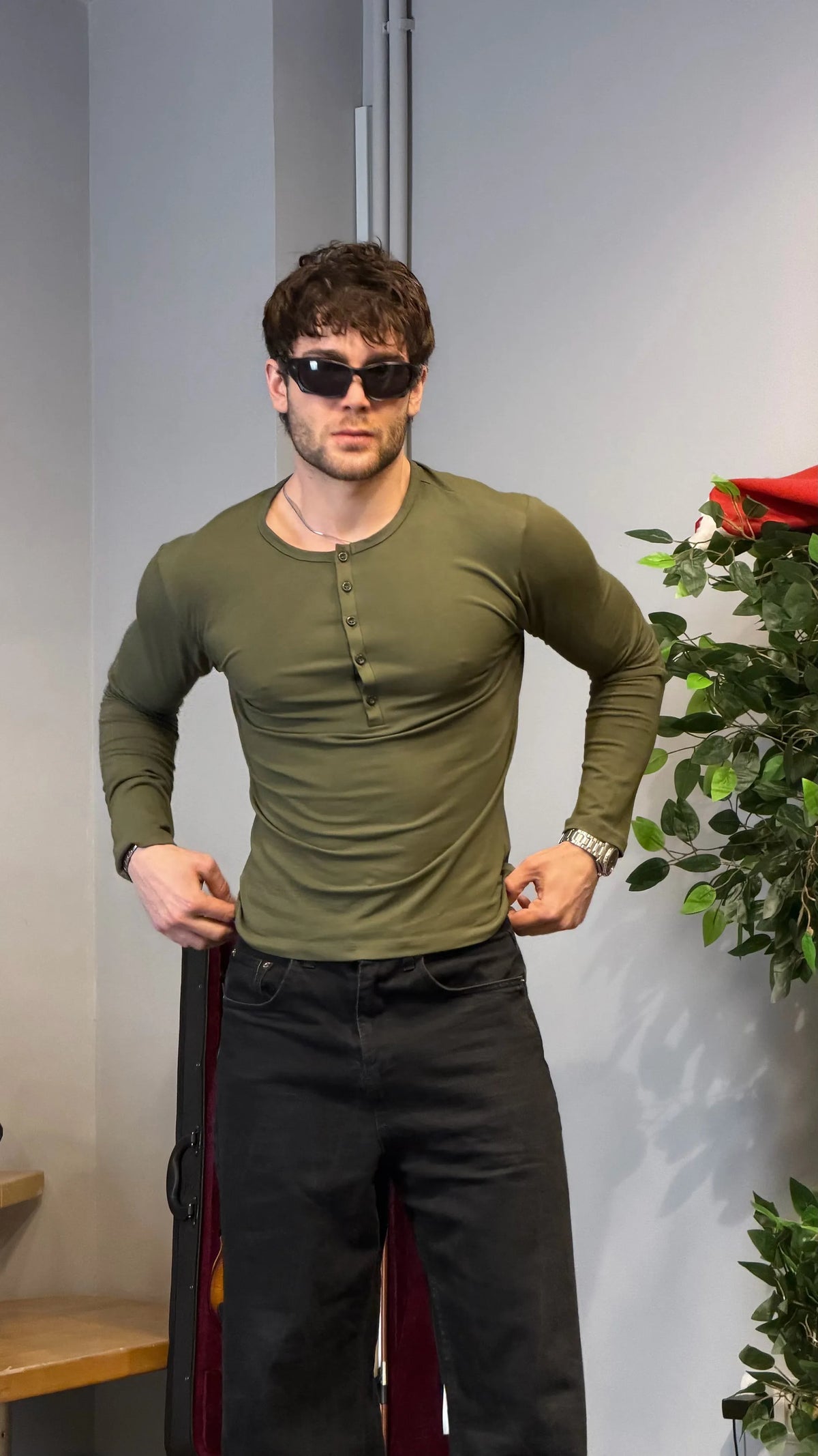 Slim Fit Premium Henley Yaka Tshirt Haki