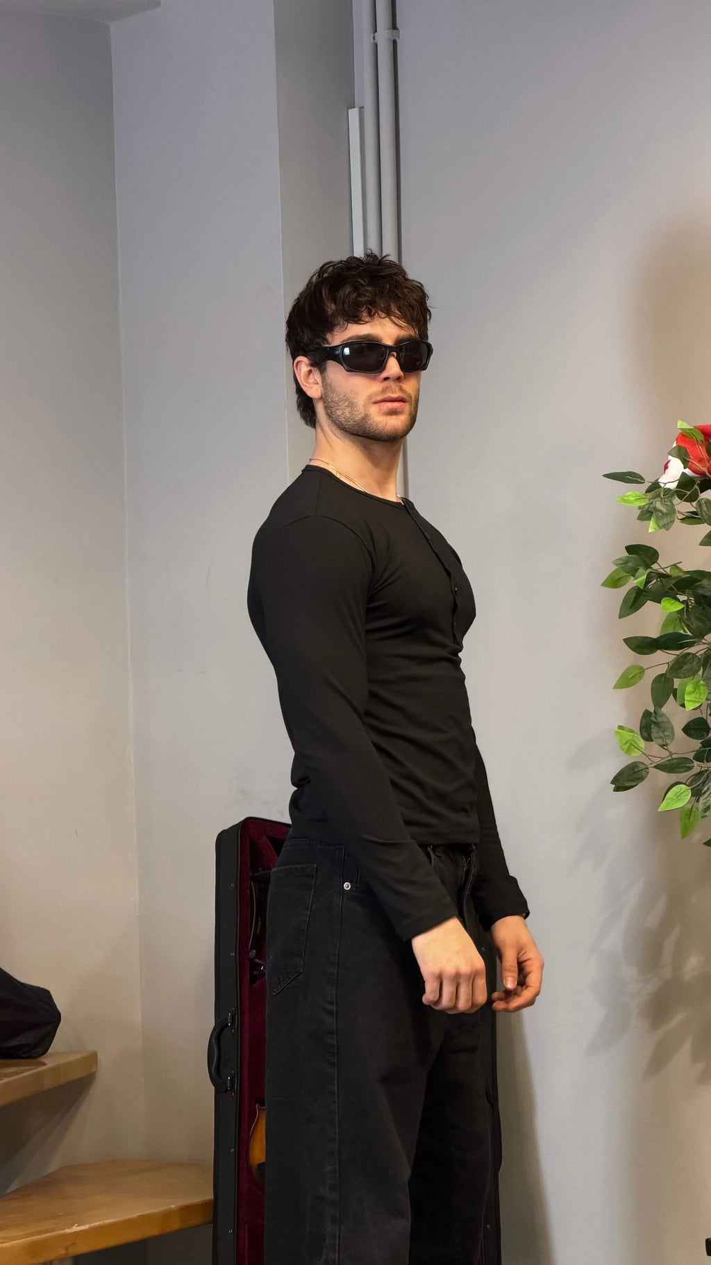 Slim Fit Premium Henley Yaka Tshirt Siyah
