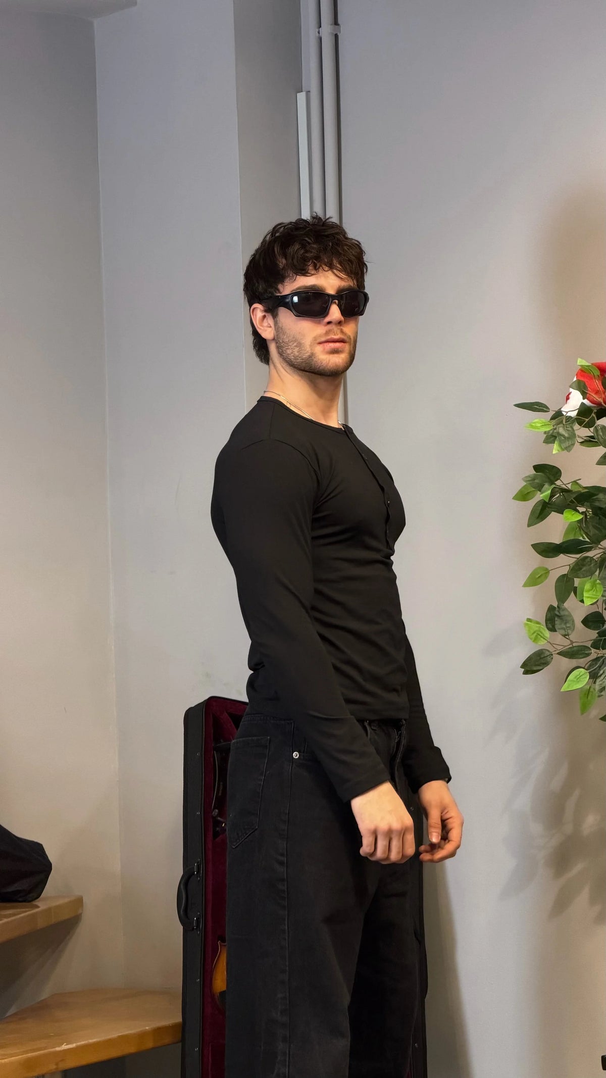 Slim Fit Premium Henley Yaka Tshirt Siyah