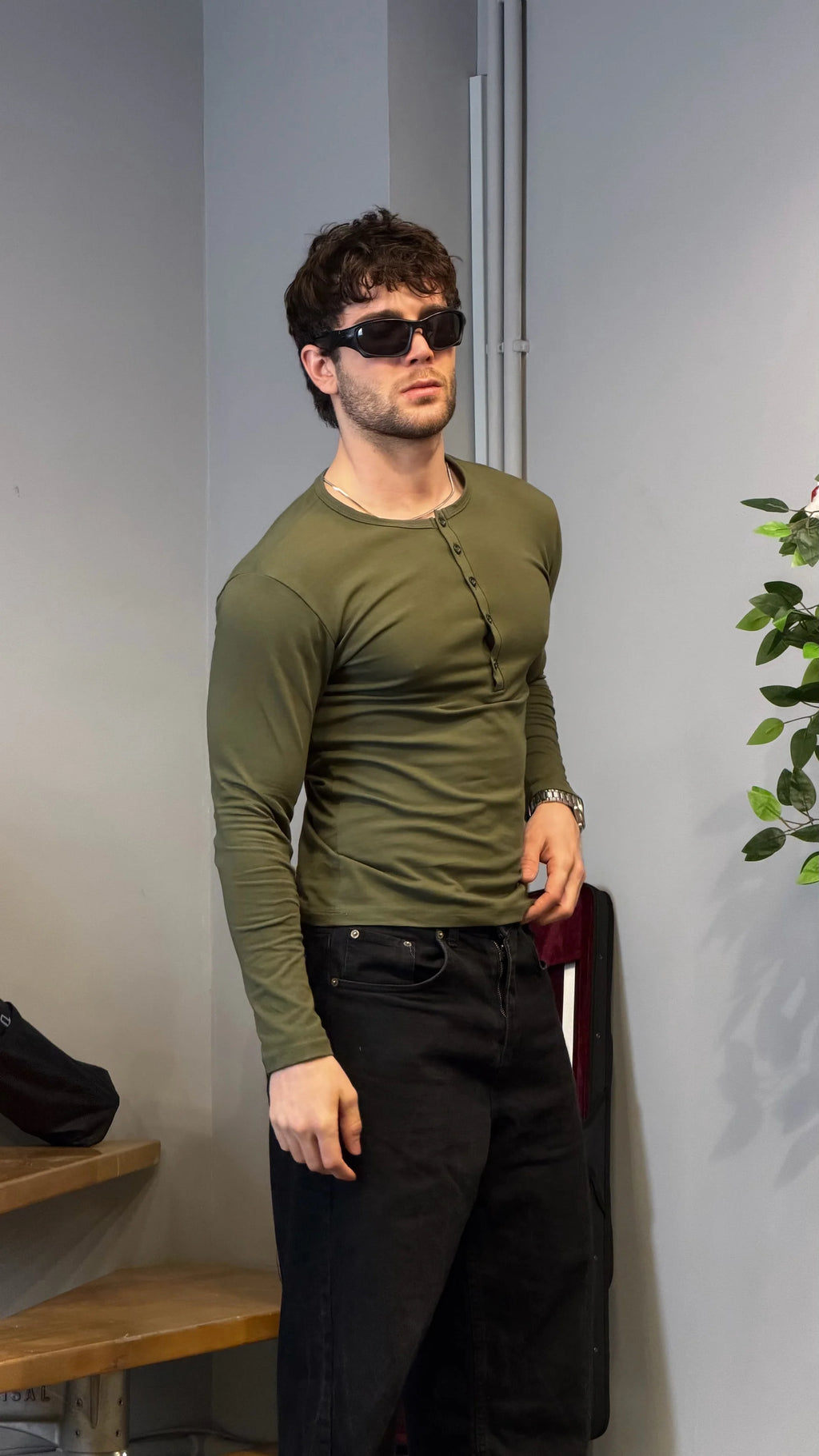 Slim Fit Premium Henley Yaka Tshirt Haki