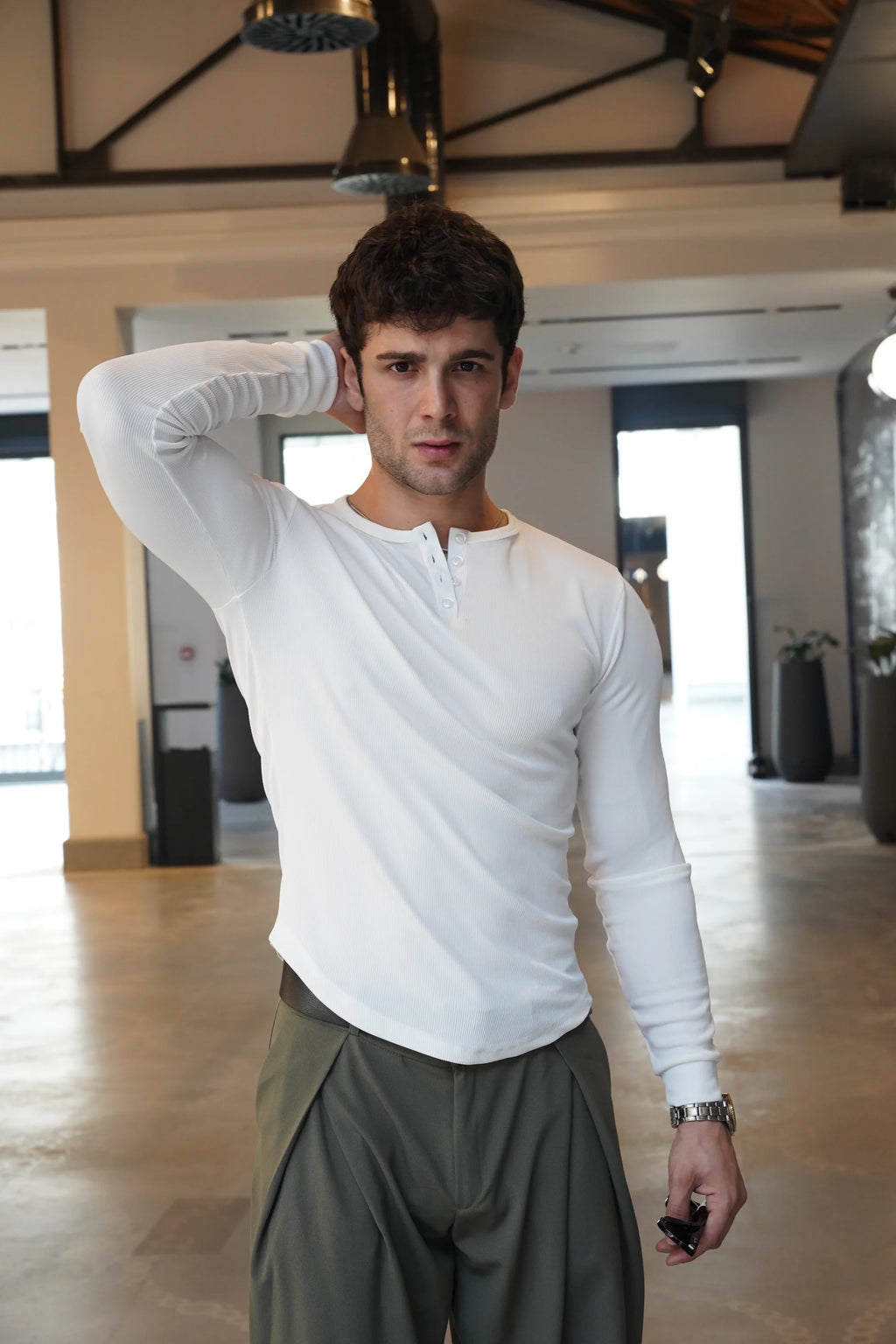 Henley Yaka Tshirt Beyaz