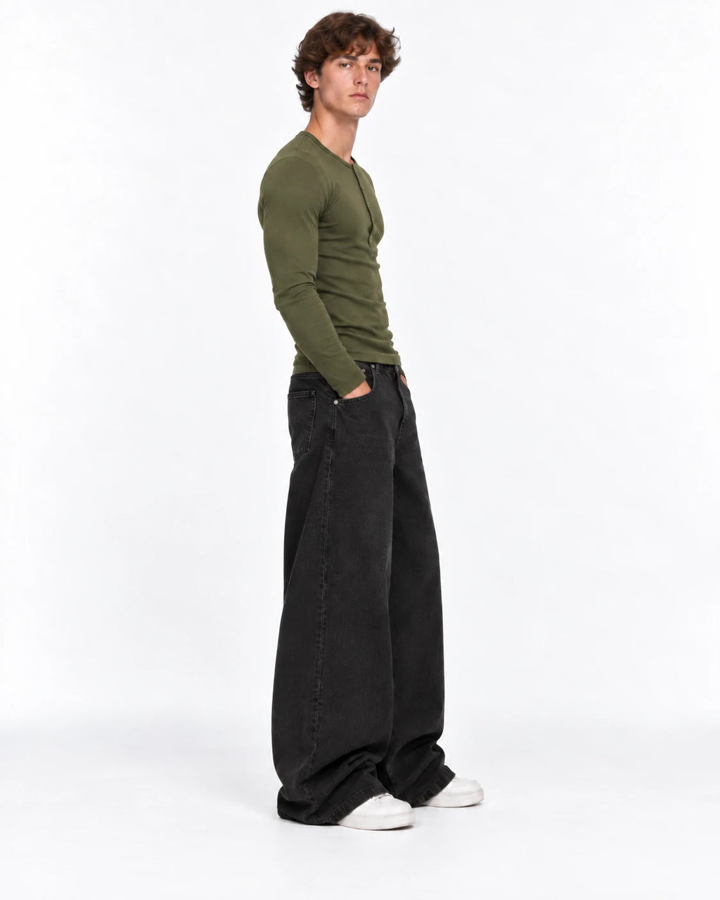 Slim Fit Premium Henley Yaka Tshirt Haki