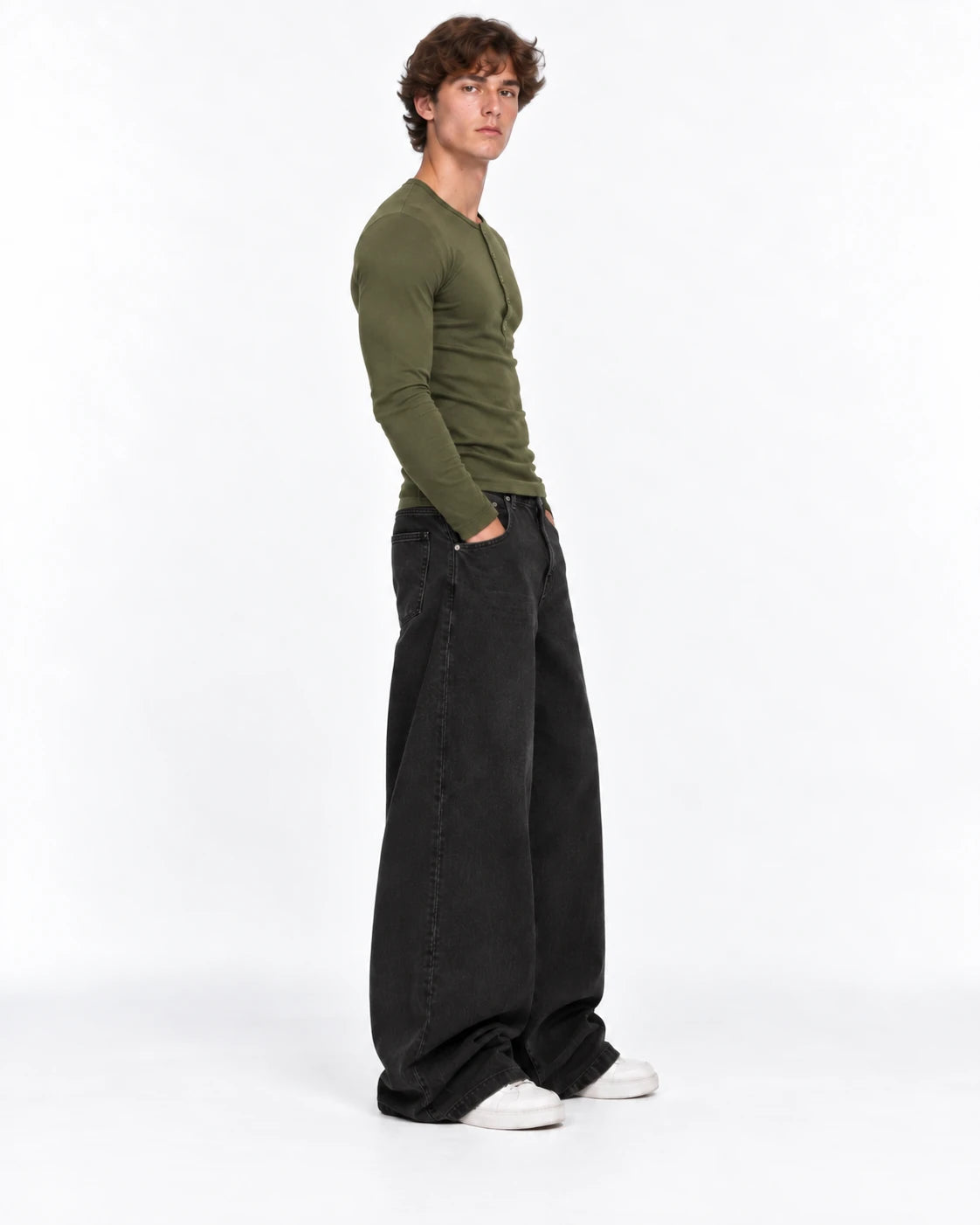 Slim Fit Premium Henley Yaka Tshirt Haki