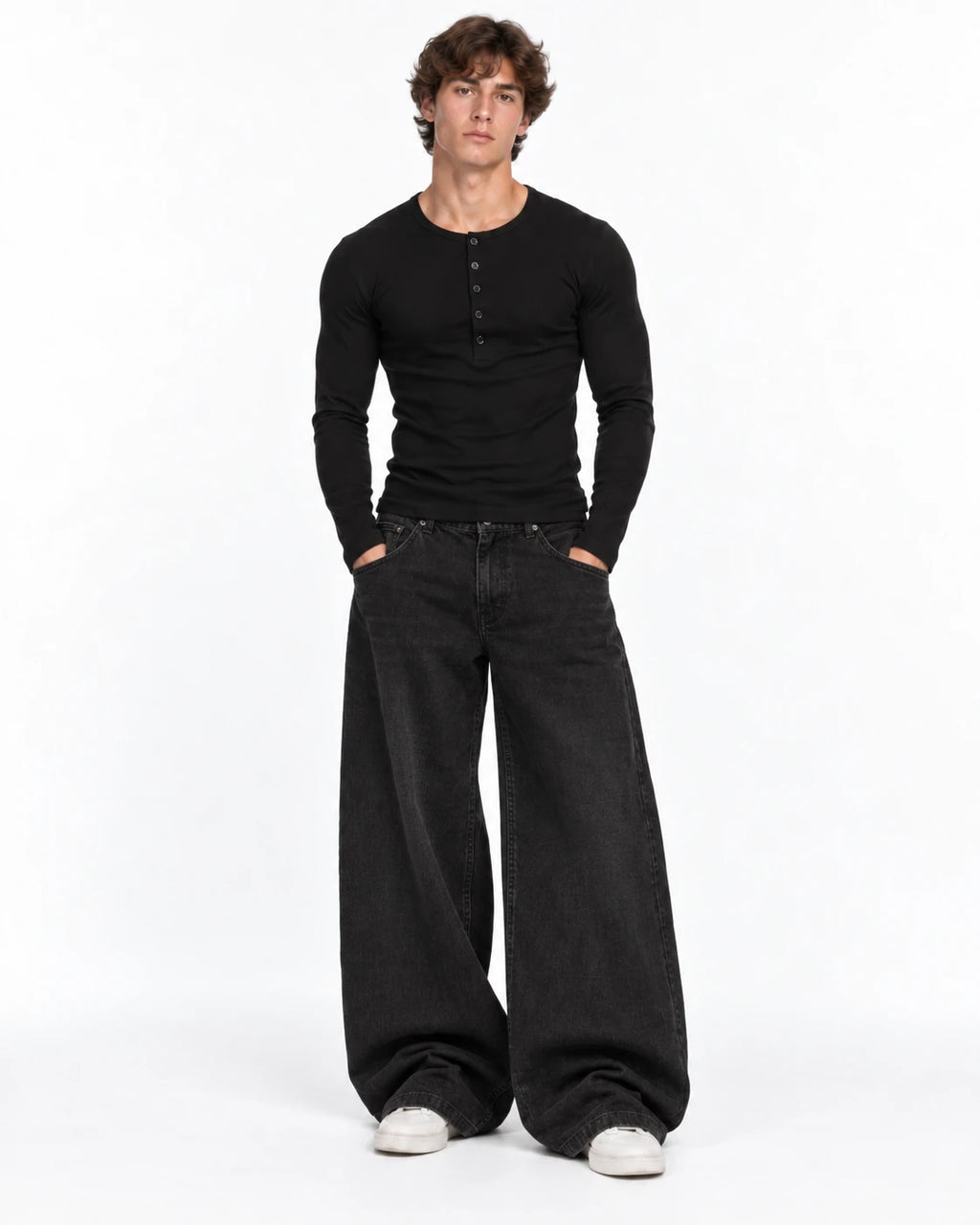 Slim Fit Premium Henley Yaka Tshirt Siyah