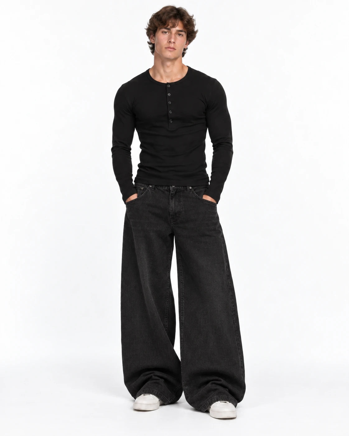 Slim Fit Premium Henley Yaka Tshirt Siyah