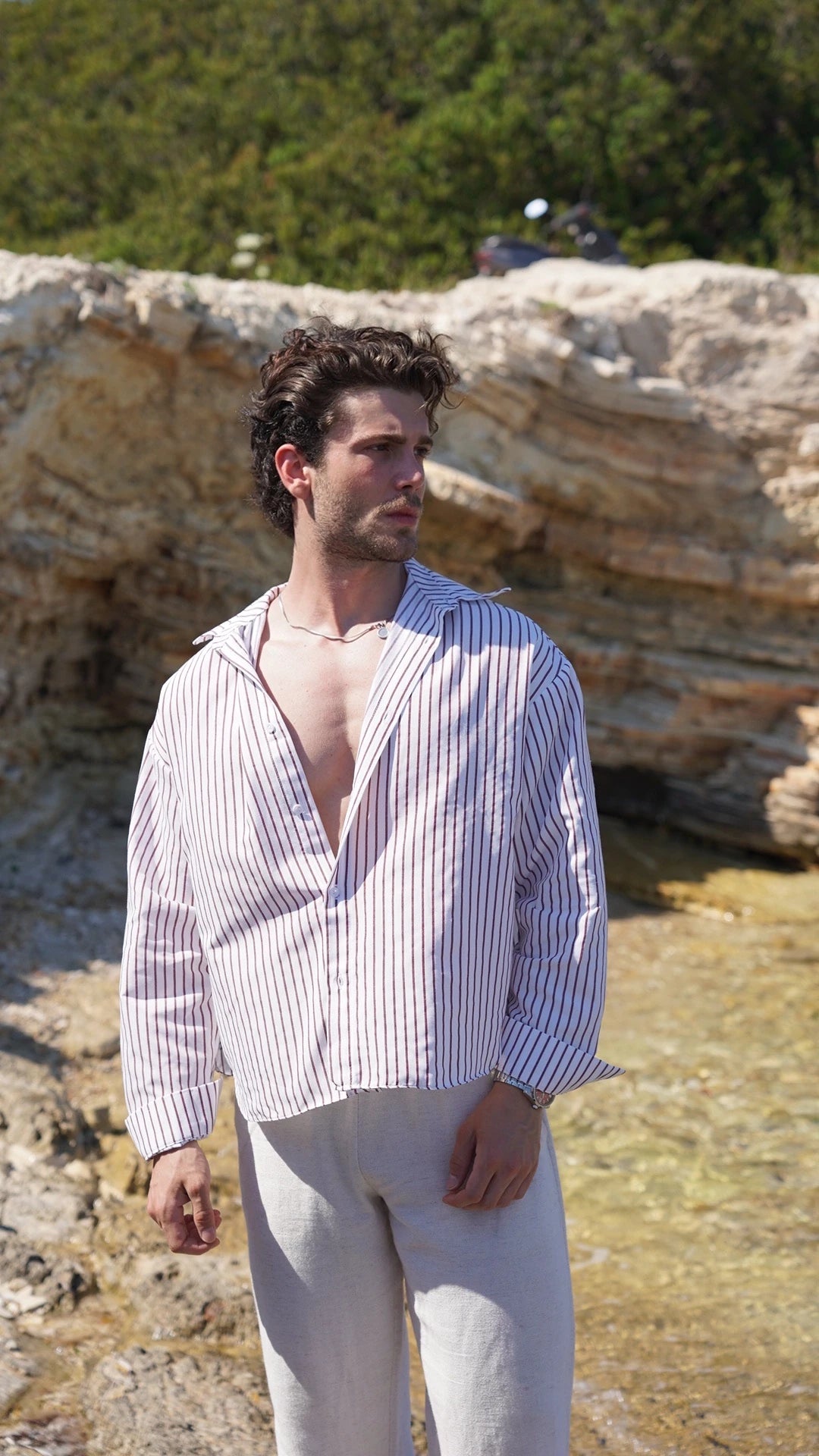 Bordo Çizgili Boxy Fit Gömlek