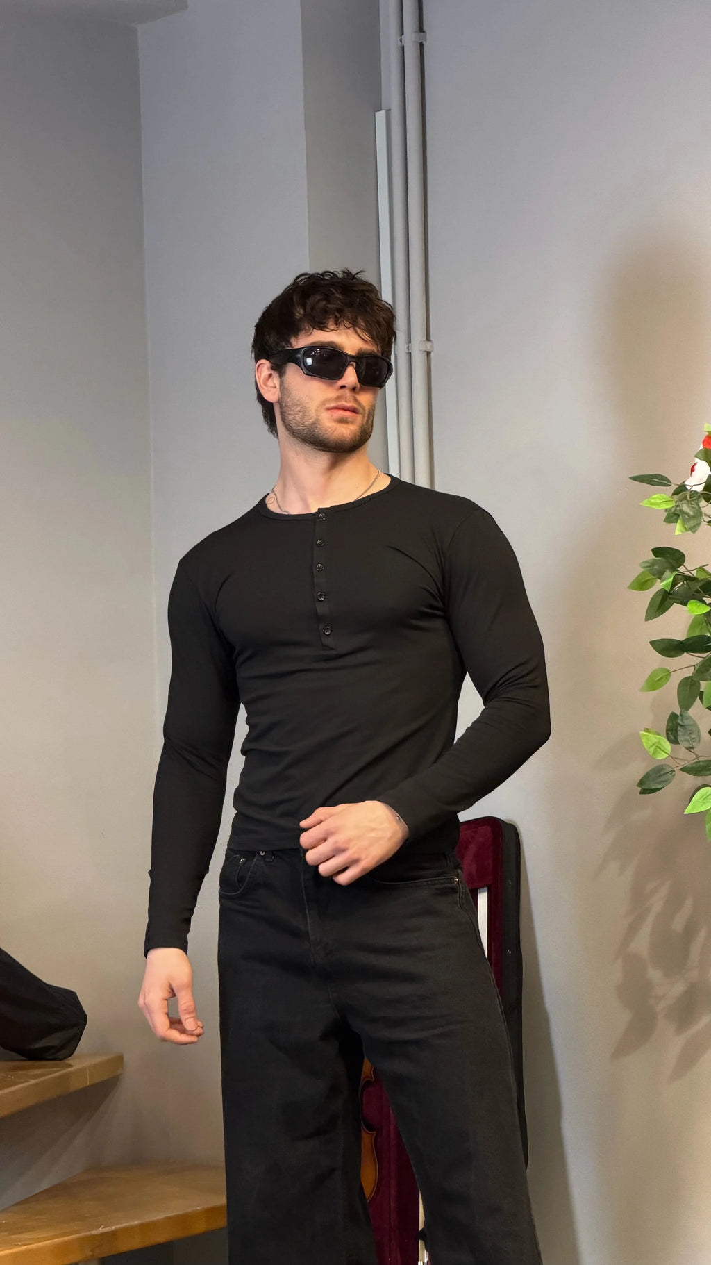 Slim Fit Premium Henley Yaka Tshirt Siyah