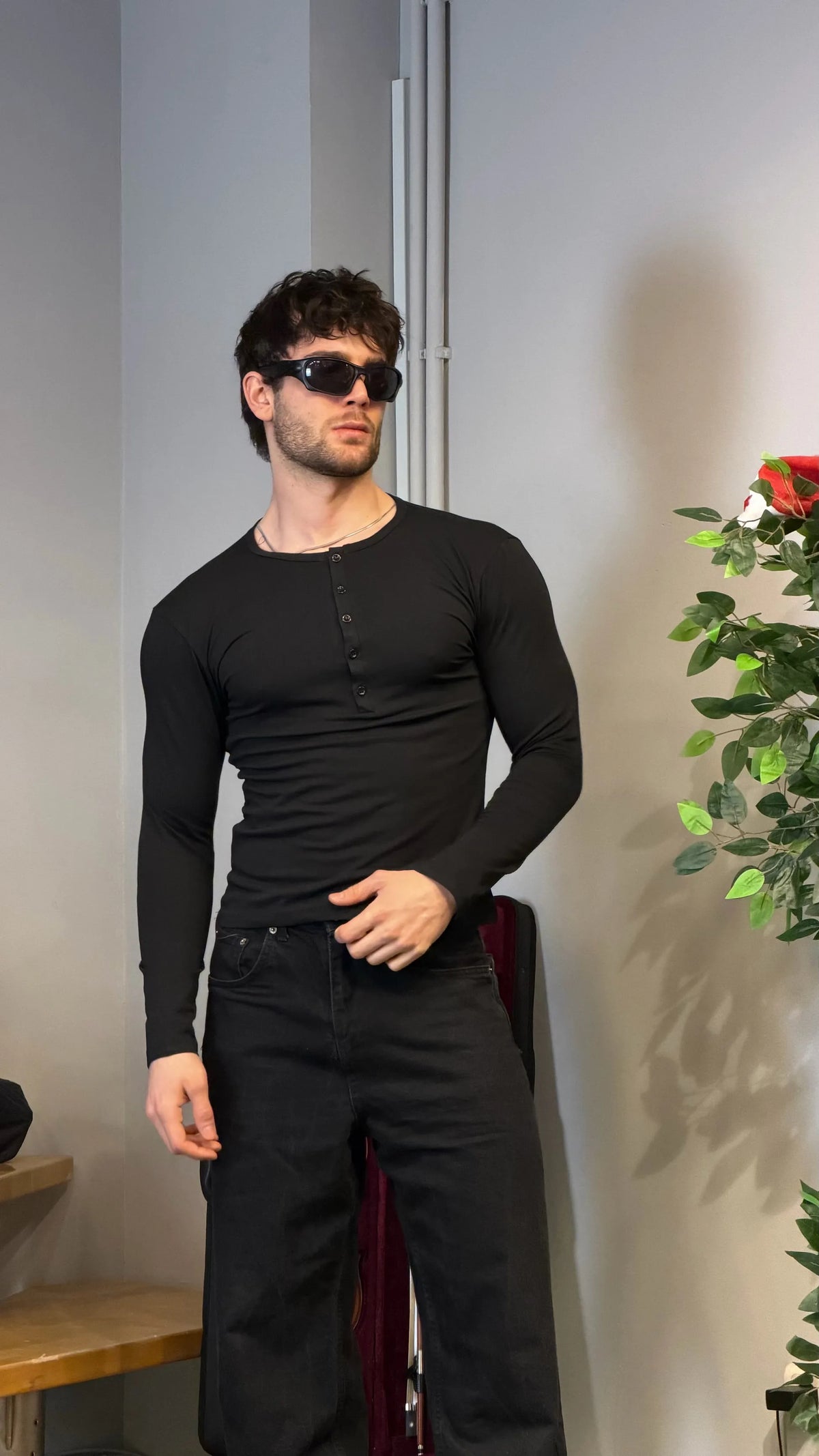 Slim Fit Premium Henley Yaka Tshirt Siyah