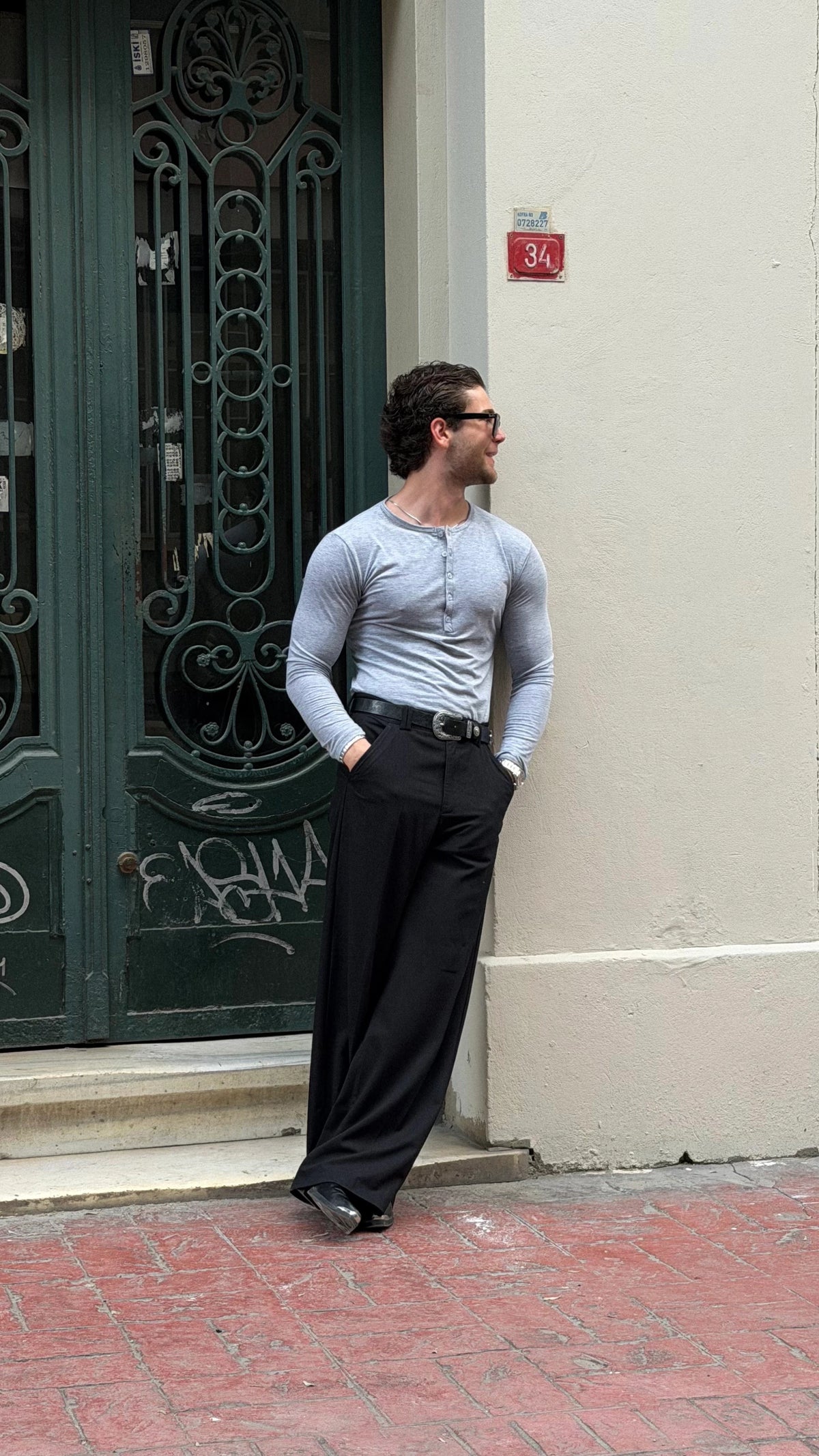 Slim Fit Premium Henley Yaka Tshirt Gri