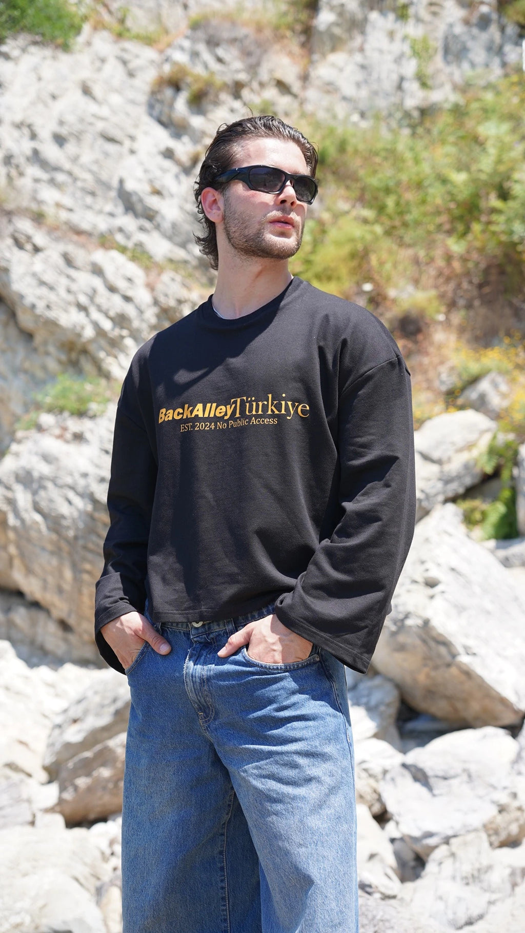 Baskılı Uzun Kollu Boxy Fit Tshirt Siyah