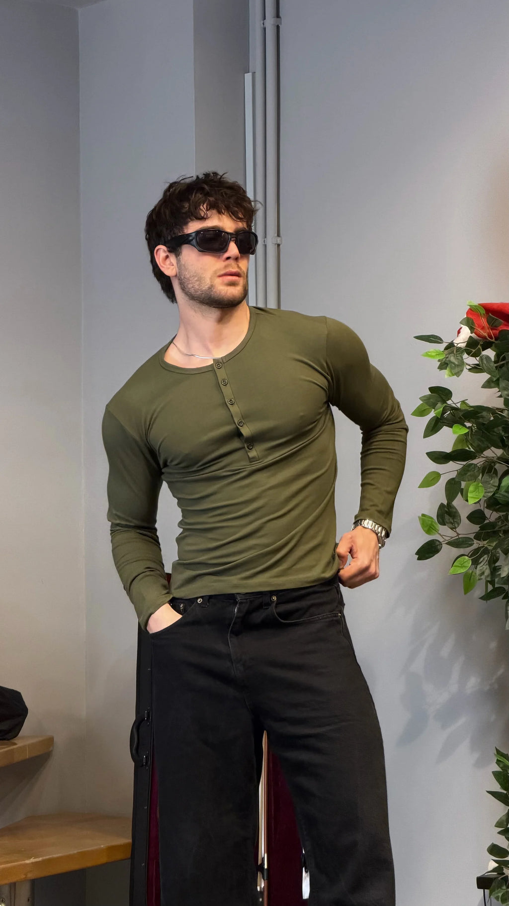 Slim Fit Premium Henley Yaka Tshirt Haki