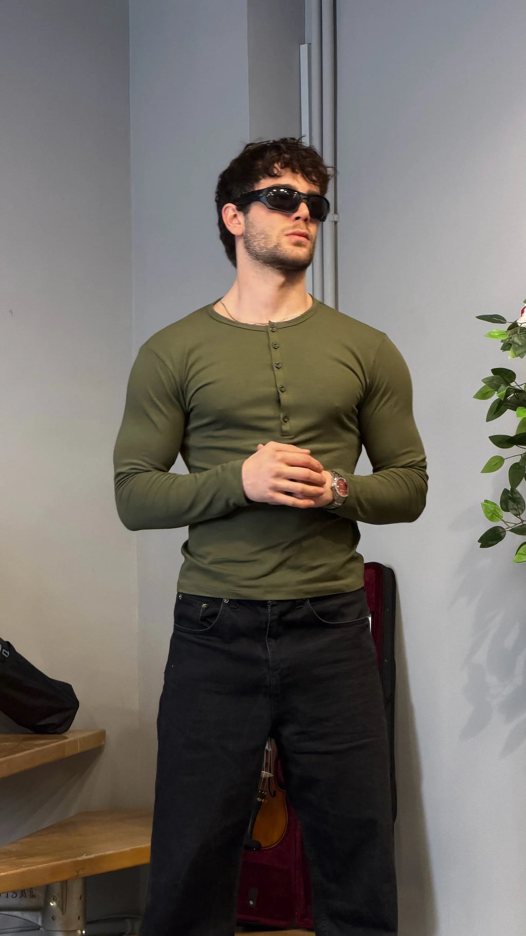 Slim Fit Premium Henley Yaka Tshirt Haki