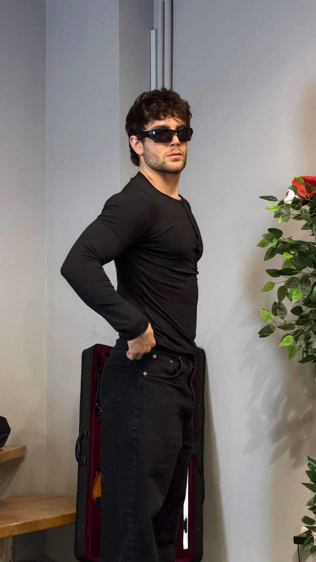Slim Fit Premium Henley Yaka Tshirt Siyah