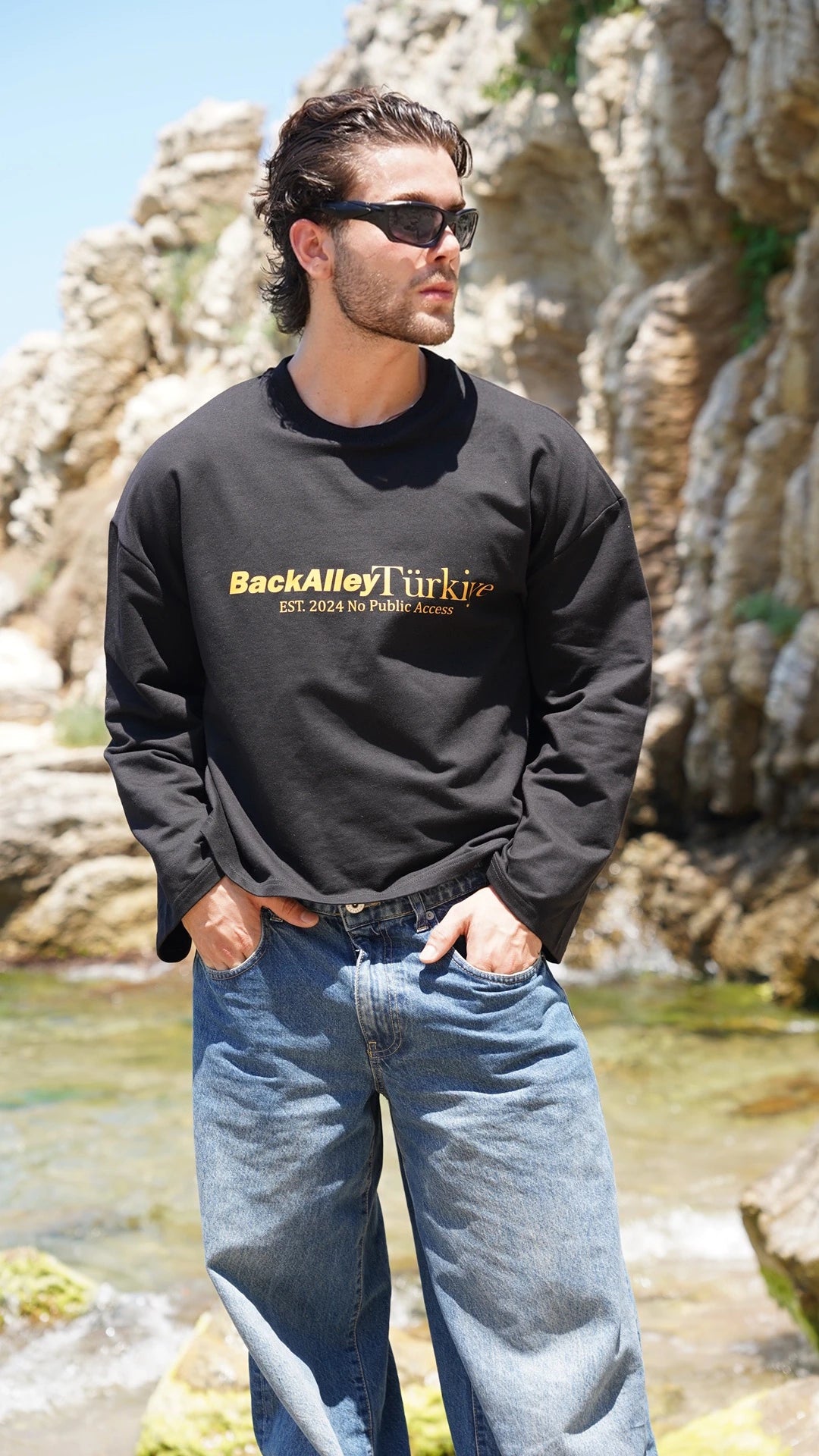 Baskılı Uzun Kollu Boxy Fit Tshirt Siyah