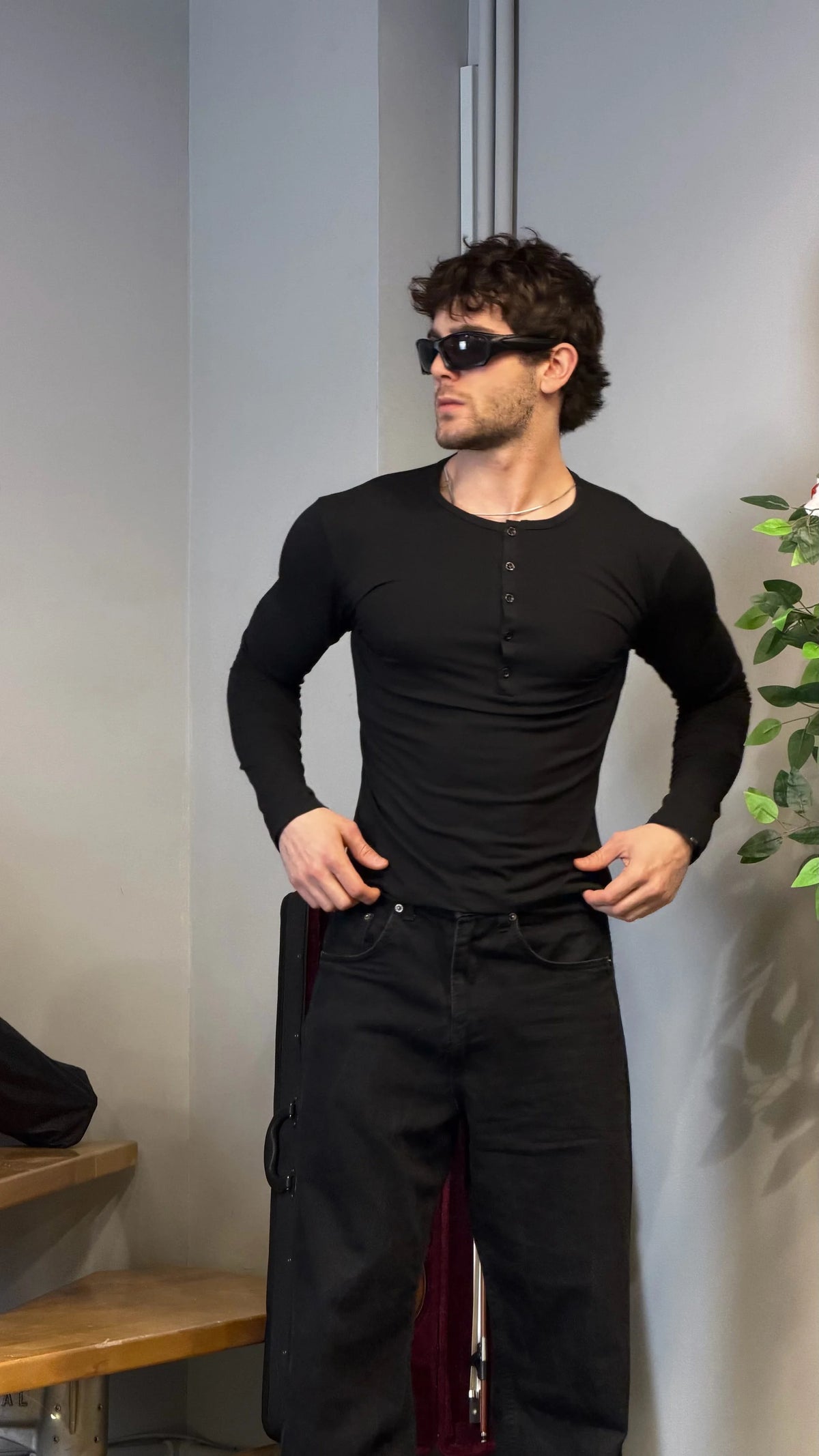 Slim Fit Premium Henley Yaka Tshirt Siyah
