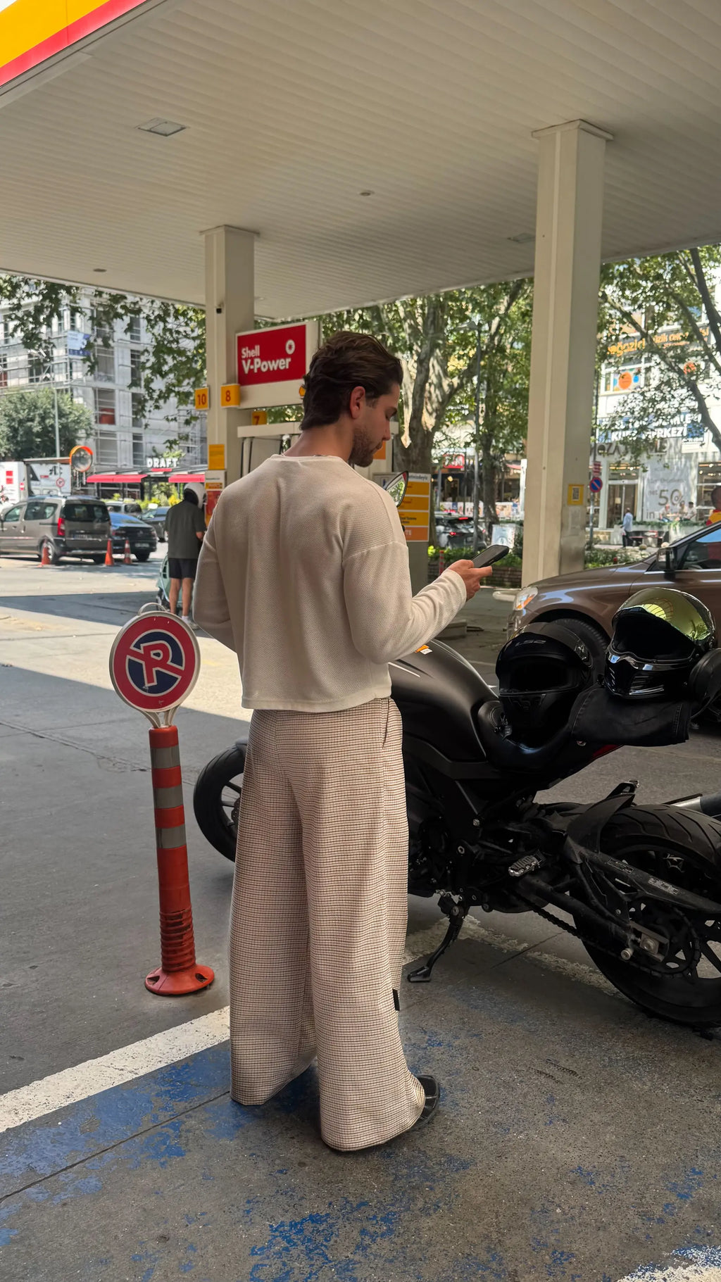 Kare detaylı Baggy Kumaş Pantolon